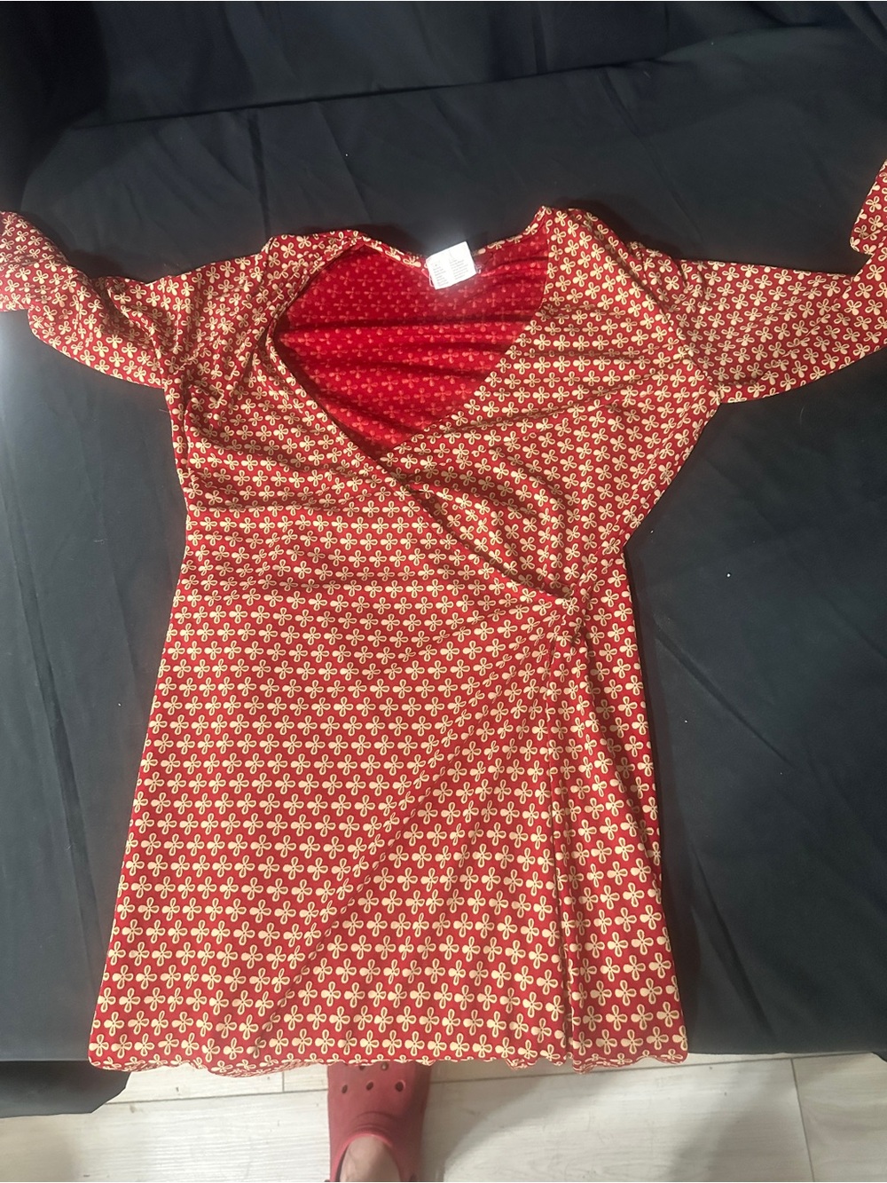 Esprit Red Patterned Wrap-Style Midi Dress-retro size small-#628